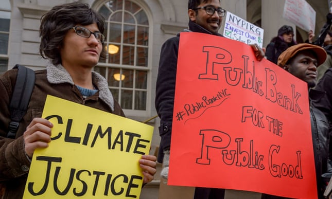 A rally at City Hall calls on NYC to divest public money from banks that fuel climate change and to establish a municipal public bank to help fund the transition to a just, sustainable economy.