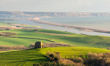 View from Abbotsbury Hill looking east towards Fleet lagoon and Chesil Beach.