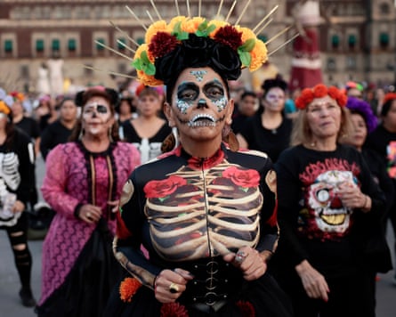 People in costume at a Day of the Dead event, Mexico City, 30 October 2025.