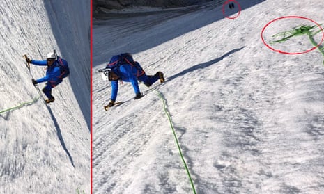 The picture posted by Éric Woerth claiming to show himself climbing the Glacier d’Argentière and a version showing the discrepancies.
