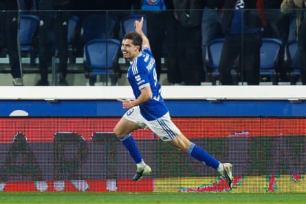 Joaquín Panichelli celebrates scoring his 14th league goal of the season in Strasbourg’s 1-1 draw against Lens