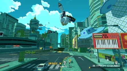 Catching air … Bomb Rush Cyberfunk screenshot.