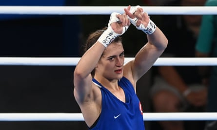 Turkey’s Esra Yildiz Kahraman made an ‘X’ sign with her hands after her semi-final defeat by Lin Yu-ting.