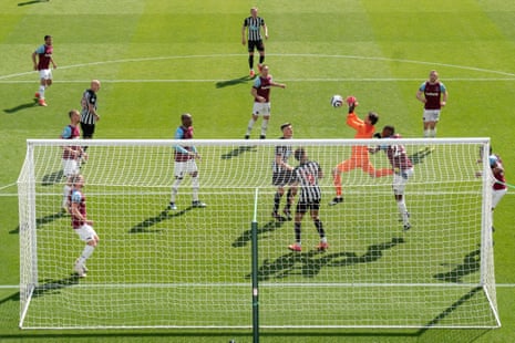 West Ham’s goalkeeper Lukasz Fabianski fails to catch a ball as he gifts a goal to Newcastle’s Joelinton.