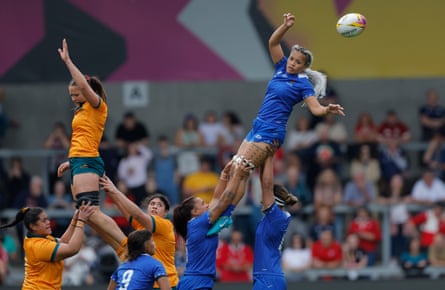 The Samoa captain, Sui Pauaraisa, wins a lineout during the Women’s Rugby World Cup 2025 Group A match between Australia and Samoa.