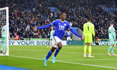 Patson Daka celebrates scoring the opening goal for Leicester against Brighton.