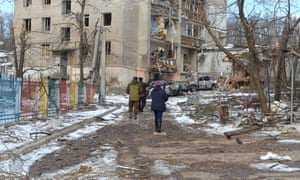 A view of a residential building, which was damaged as a result of the explosion of a Russian combat missile, in Kharkiv, Ukraine.