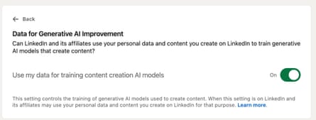 A LinkedIn page that allows you top opt your data out from being used in the company’s generative AI improvement training.