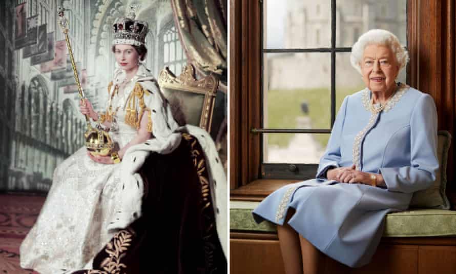 On the left, the portrait of Cecil Beaton, taken at the coronation of the Queen, Westminster Abbey, on 2 June 1953, and on the right, the official Platinum Jubilee portrait, at Windsor.