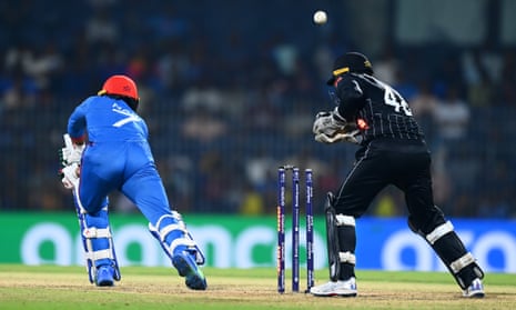 Mohammad Nabi of Afghanistan is bowled by Mitch Santner of New Zealand.