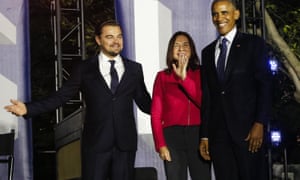 Leonardo DiCaprio, Katharine Hayhoe and Barack Obama at the White House for a discussion on the climate crisis, in 2016.