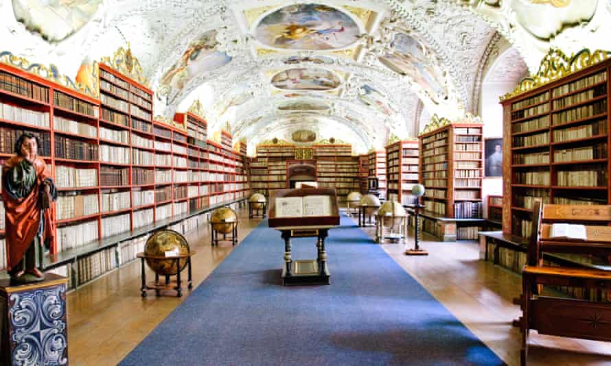 The Strahov Library in Prague. Its collection dates back to the 12th century, when the monastery was founded. Many books disappeared when Swedish troops invaded Prague in 1648 and took books back with them.