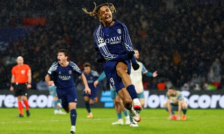 Bradley Barcola celebrates Paris Saint-Germain’s second goal