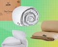 Composite image of four different duvets set against a green-tinged grid-like background.