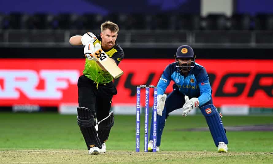 Warner looks to make runs during the win over Sri Lanka at Dubai International Stadium.