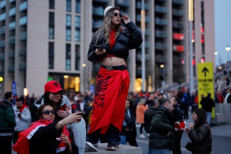 An Albanian fan poses outside the stadium ahead of the World Cup 2026 Qualifier between England and Albania at Wembley Stadium.