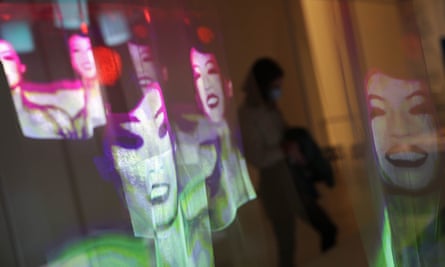 Video installation Us &amp; Them projected on gauze, part of the Designs of the Year exhibition at the Design Museum.