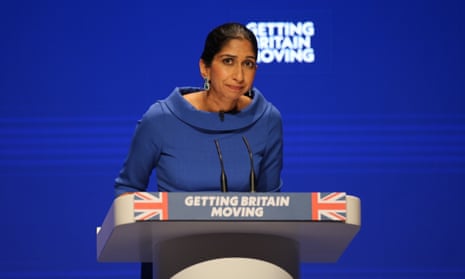 The home secretary, Suella Braverman, speaking at the Conservative party conference in Birmingham.