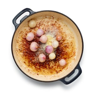 Blanch the baby onions, then peel and brown in the same pot – there should be enough butter and bacon fat.