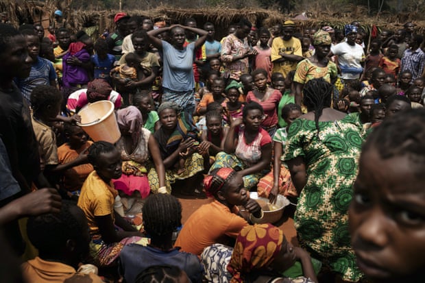 Displaced people wait for food distribution in Central African Republic.