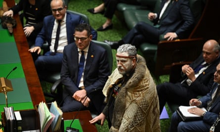 Co-chair of the First Peoples Assembly of Victoria Marcus Stewart address the Victorian parliament in Melbourne, 22 June, 2022.