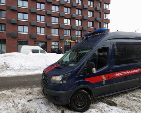 A van belonging to the Russian Investigative Committee is parked outside a residential building where the assassination attempt on Russian Lt Gen Vladimir Alexeyev took place in Moscow, Russia.