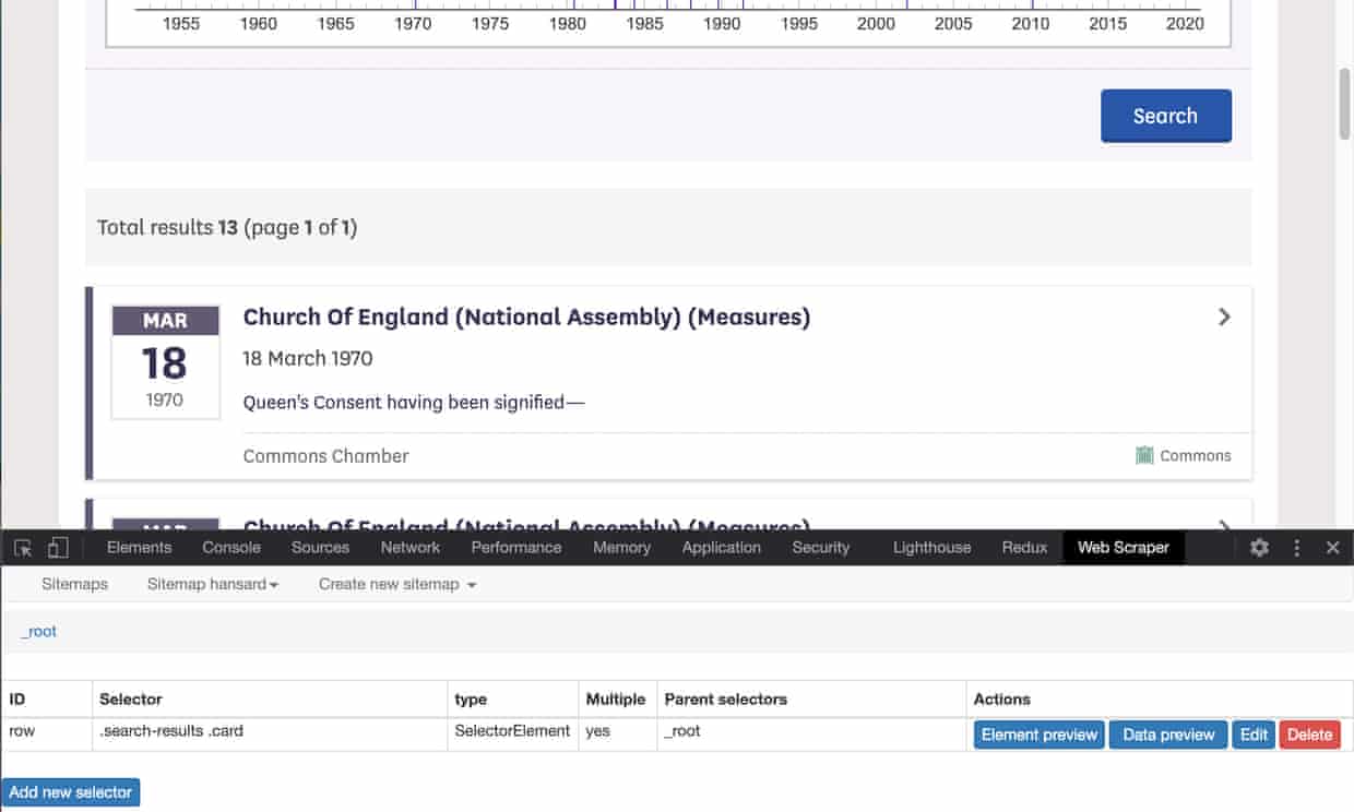 Screenshot of webscraper.io being used to extract data from Hansard