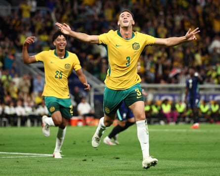 Alessandro Circati of Australia celebrates scoring his teamâÂÂs first goal.