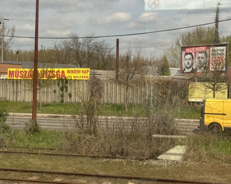 A view from the 564 Intercity Tokaj train en route to Hatvan from Budapest Keleti, showing a Fidesz attack poster featuring Ukraine's Volodymyr Zelenskyy.