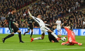 Dele Alli reacts fastest to open the scoring on the night he scored twice in Tottenham’s 3-1 victory over Real Madrid.