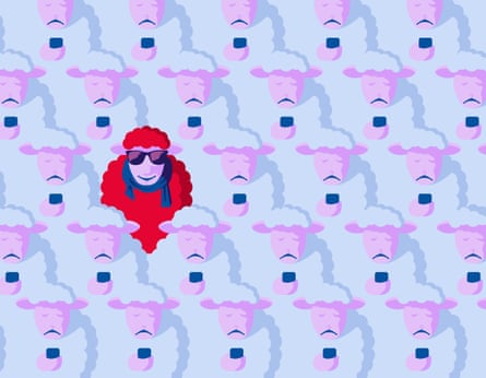 An illustration showing masses of sheep scrolling their mobile while one wears sunglasses and a bright red outfit to stand out.