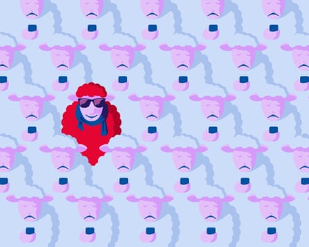 An image of sheep all wearing the same thing, with one sheep wearing a different, brightly coloured outfit