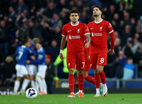 Liverpool’s Luis Diaz and Dominik Szoboszlai look dejected after Everton’s Jarrad Branthwaite scores their first goal.
