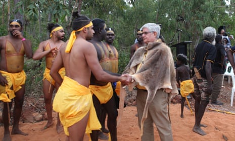 Indigenous affairs minister Ken Wyatt greets Dr Galarrwuy Yunupingu’s grandson Michael at the opening ceremony of the Garma festival in north-east Arnhem Land, Northern Territory