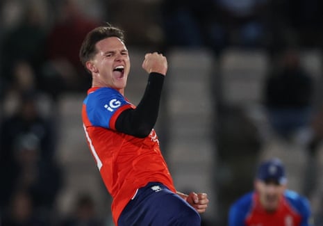 England's Sonny Baker celebrates the wicket of Sri Lanka's Lahiru Udara.