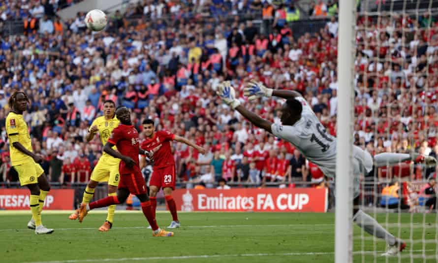 Liverpool’s Luis Diaz shot evades Chelsea goalkeeper Edouard Mendy but goes the wrong side of the upright.