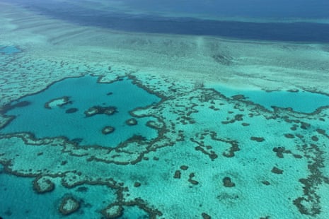 An aerial view of the Great Barrier Reef off the coast of the Whitsunday Islands
