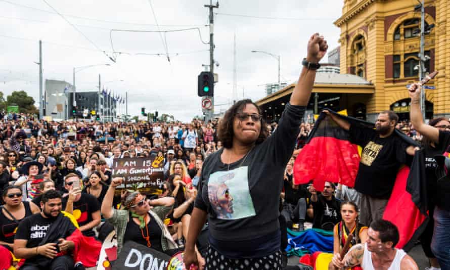 Shareena Clanton lors d'une manifestation organisée par des militants des droits des aborigènes lors de la Journée de l'Australie à Melbourne, le 26 janvier 2017.