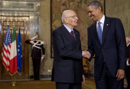 Napolitano welcomes then US president Barack Obama to Rome in 2014.