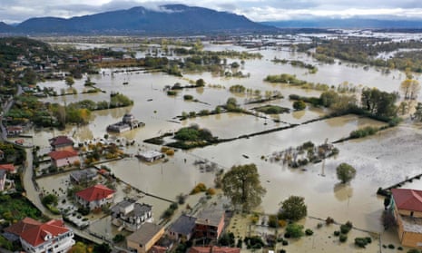 An aerial view of flooded houses and agricultural land in Shkodra in Albania on Monday.