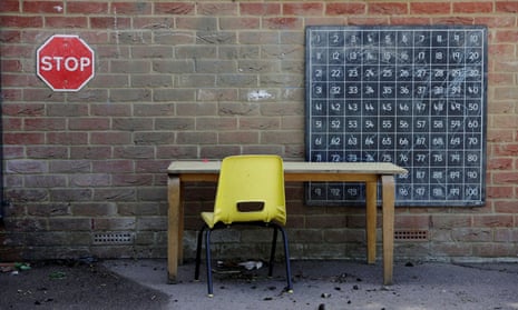 Desk and chair against a wall outside