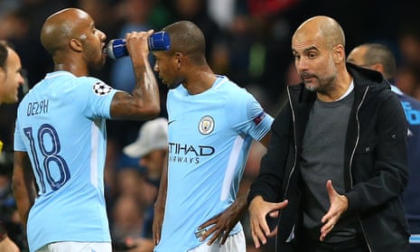 Fabian Delph and the rest of Manchester City’s defenders are encouraged to play out from the back under Pep Guardiola, right.