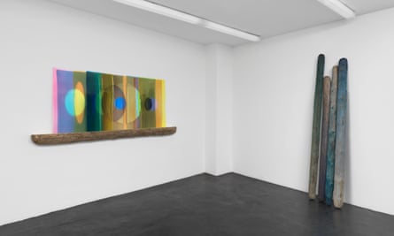 A wall mounted work and a wooden sculpture from Olafur Eliasson’s new exhibition.