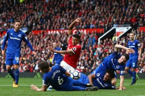 Jesse Lingard of Manchester United goes down appealing for a penalty as Manchester United win 4-0 against Everton at Old Trafford.