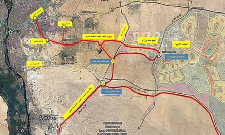 A map of planned transport links to the new capital shows Cairo on the far left.
