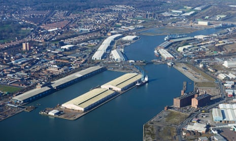 An aerial view of Birkenhead docks, Merseyside