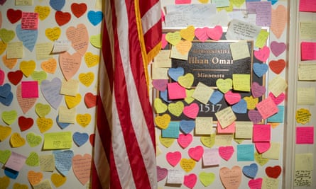 The door to Ilhan Omar’s office in Washington plastered with Post-It notes, many heart-shaped, with encouraging messages.