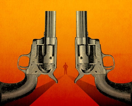 Illustration of two guns with a man standing in the distance