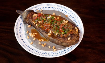 Bonfire vibes: grilled eggplant, pickled tomatoes, pine nuts and a smoky tahini sauce.