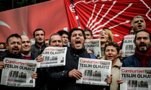‘The newspaper Cumhuriyet, known for its secular stance, is the government’s latest target.’ Demonstrators protest against the arrest of the paper’s editor-in-chief last week.